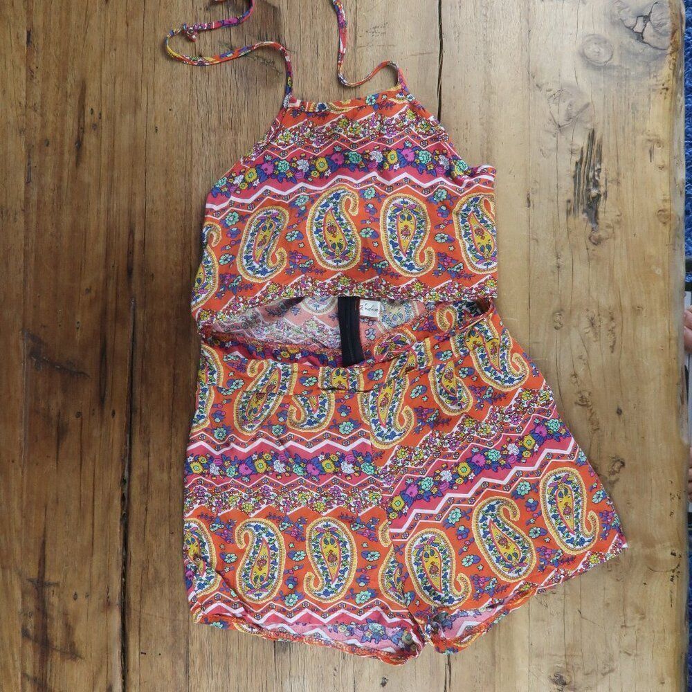 ARDEN FURTADO ORANGE FLORAL HALTER HIGH NECK ROMPER SIZE MEDIUM